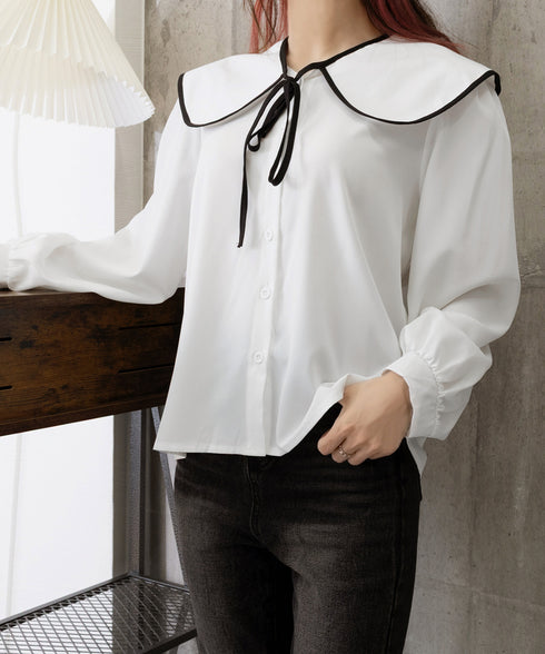 ビッグ襟ブラウス リボンタイブラウス長袖 レディース バイカラーシャツブラウス フレンチガーリー 大きめ襟トップス ゆったり韓国ファッション  着やせ 体型カバー 84WANJIA-022